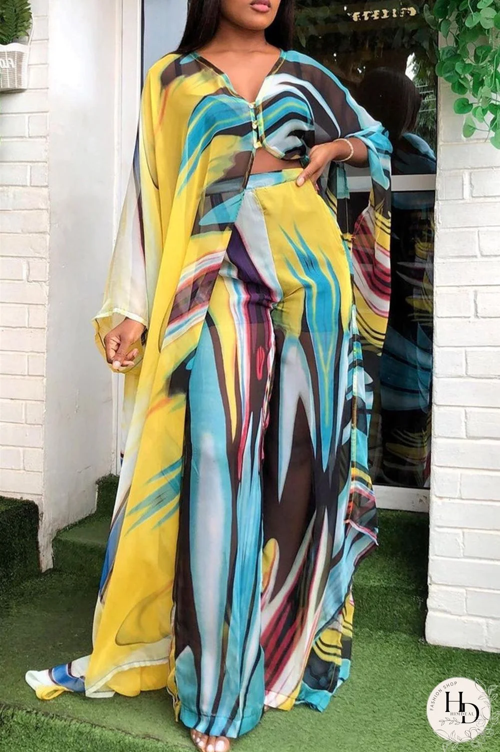 Blue Fashion Casual Print Slit V Neck Long Sleeve Two Pieces