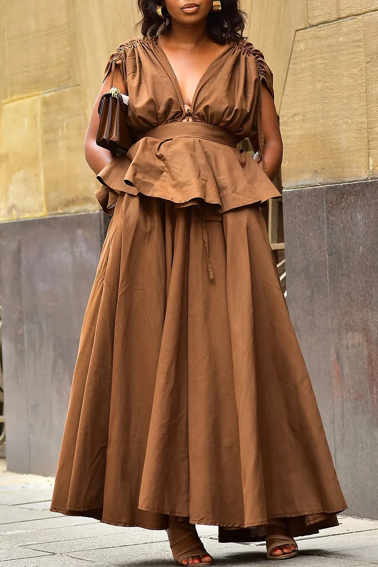 Plus Size Business Casual Brown Casual Ruched Two Piece Skirt Sets [Pre-Order] 2024 - Xpluswear