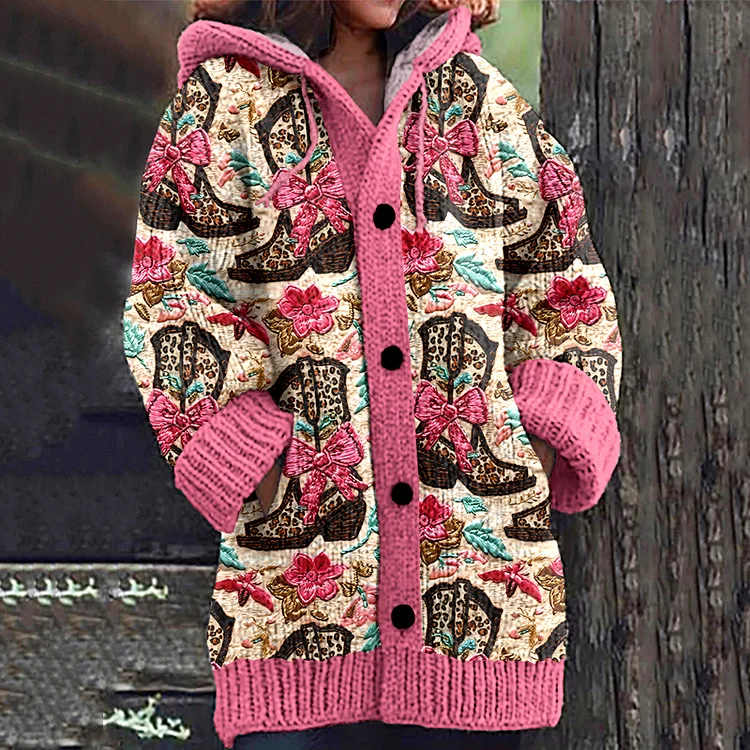 Bow Western Boot Embroidery Art Cozy Hooded Cardigan