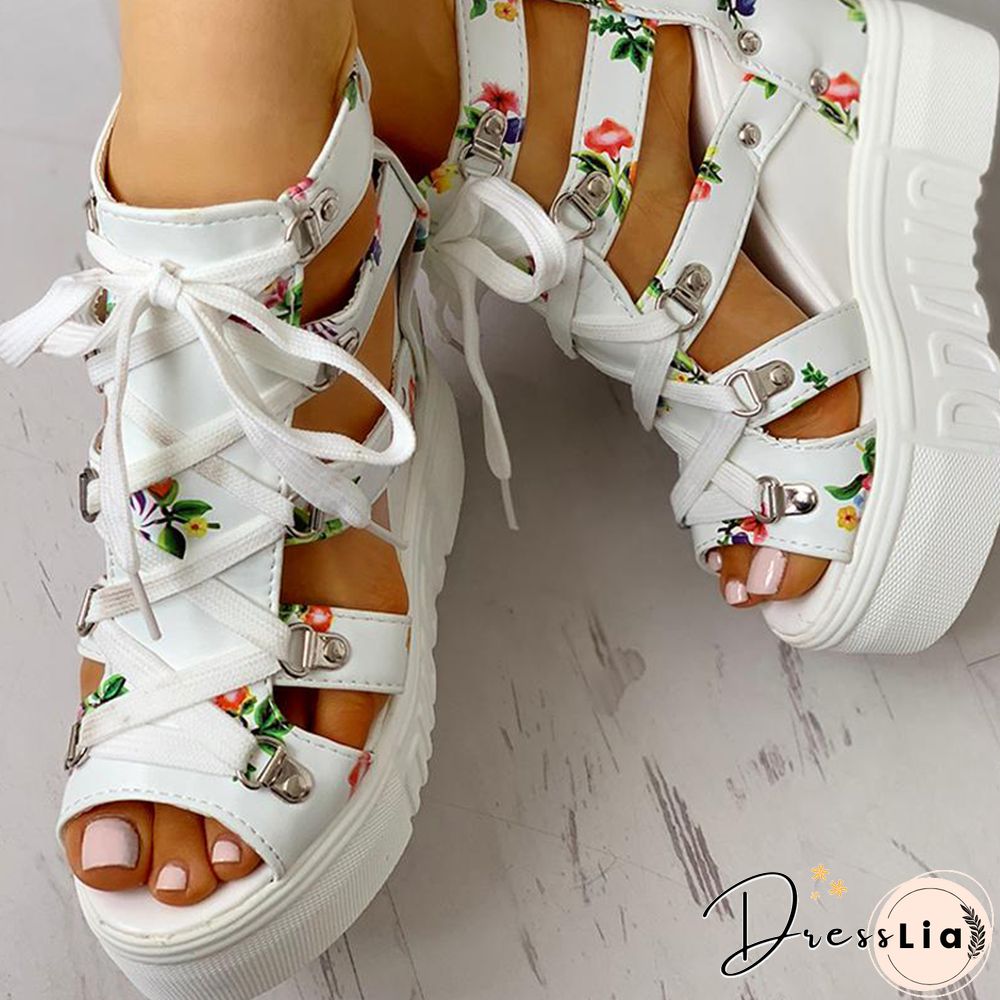 INS Hot Print Leisure Wedges Women's Shoes Summer Shoes Women Sandals Platform Shoelaces High Heels Casual Shoes Woman