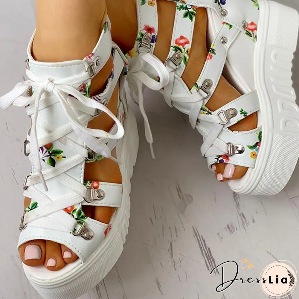 INS Hot Print Leisure Wedges Women's Shoes Summer Shoes Women Sandals Platform Shoelaces High Heels Casual Shoes Woman