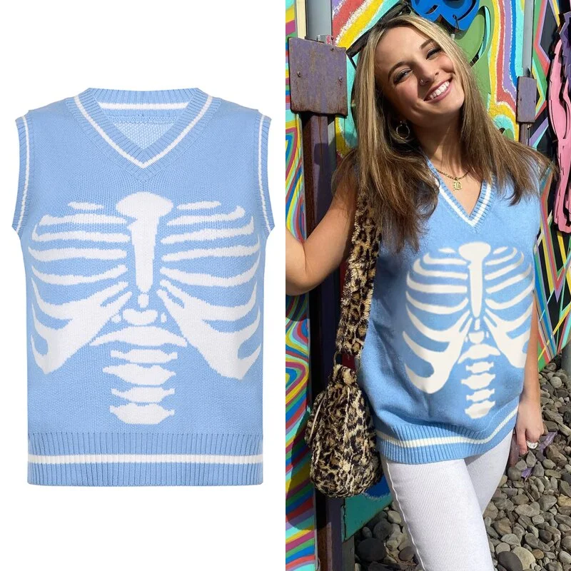 HEYounGIRL  Autumn Winter Print V Neck Knitted Jumpers Casual Long Sleeve Harajuku Sweater Women Streetwear Pullover Female 2021