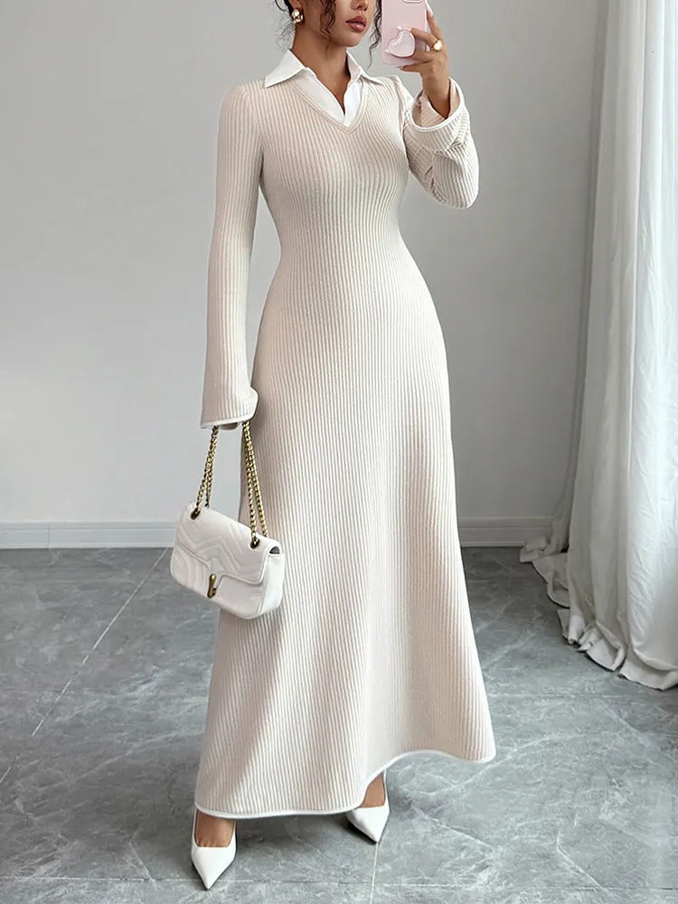 Ribbed Knit Split-Joint Bodycon False Two Lapel Sweater Dresses Maxi Dresses