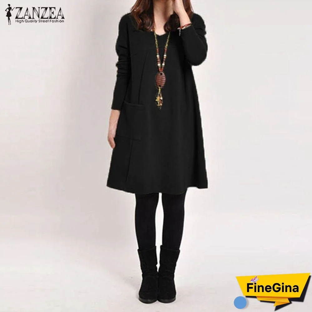 Zanzea Women V Neck Long Sleeve Casual Loose Tops Shirt Jumper Dress Plus Size