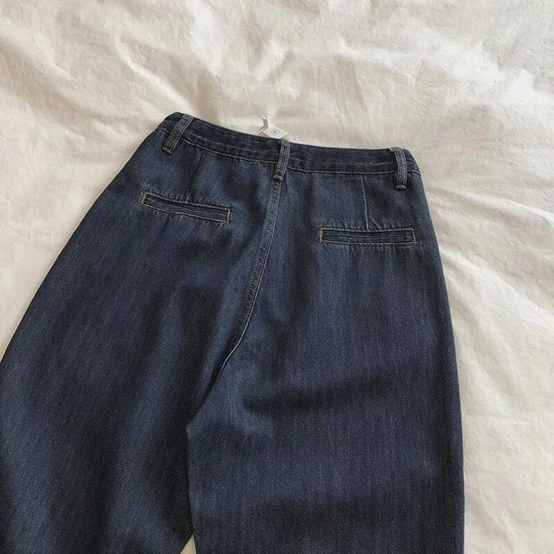 Jeans Women Trendy Students High Waisted Spring Pocket Female Loose Straight Casual Full Length Denim Trouser All-match Simple