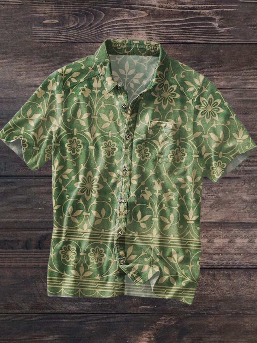 Men's Retro Floral Print Casual Lapel Short Sleeve Shirt