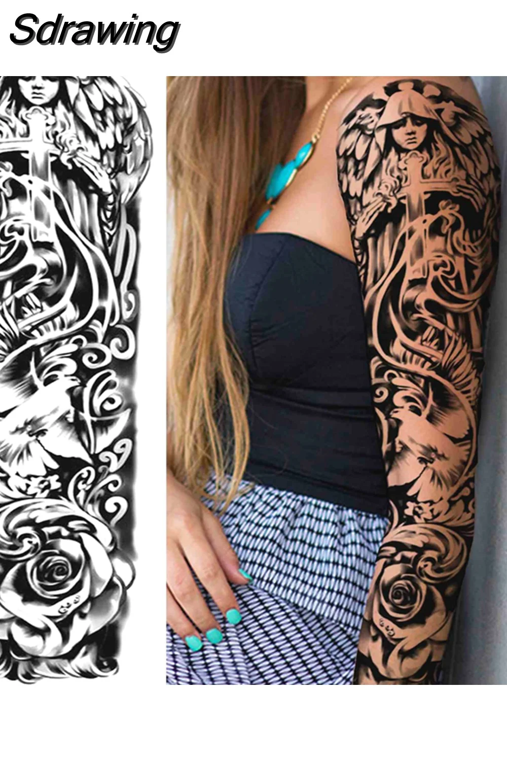 Sdrawing Totem Temporary Tattoo Sleeve For Men Women Adult Fake Flower Shoulder Tatoos Sticker Black Skull Tattoos Big Full Arm 521-0