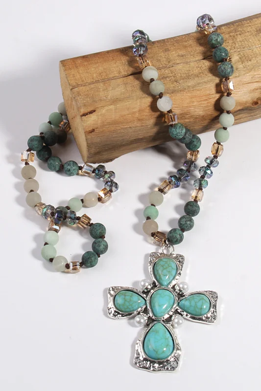 Bohemian natural semi-precious stone cross necklace