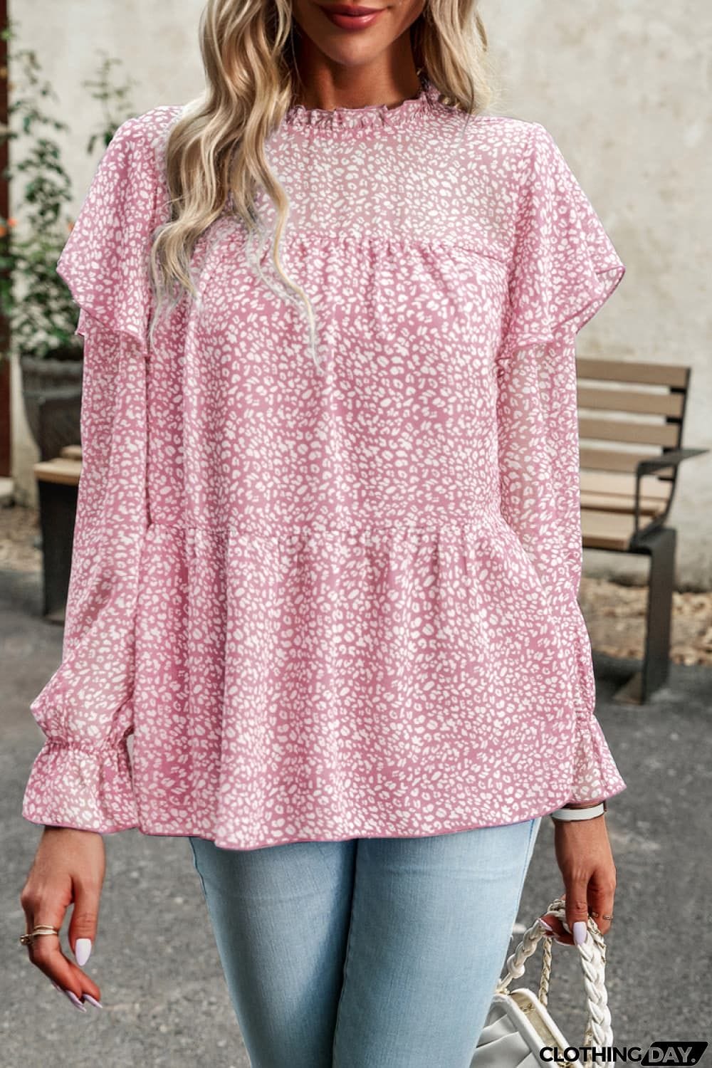 Printed Round Neck Flounce Sleeve Blouse