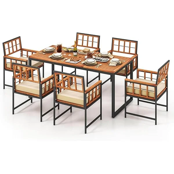 7 Pieces Patio Dining Set, Outdoor Acacia Wood Table and Chairs with Soft Cushions and 1.96” Umbrella Hole for Backyard, Garden, Poolside (Beige) 7 piece Beige