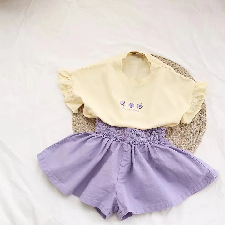 2pcs Baby Toddler Girl Three Flowers Ruffle Flounce Short Sleeve T-shirt and Pantskirt Set