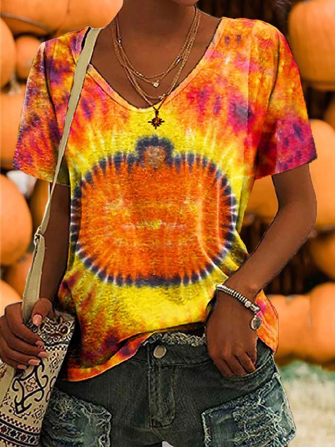 Women's Halloween Pumpkin Tie Dye Print T-Shirt