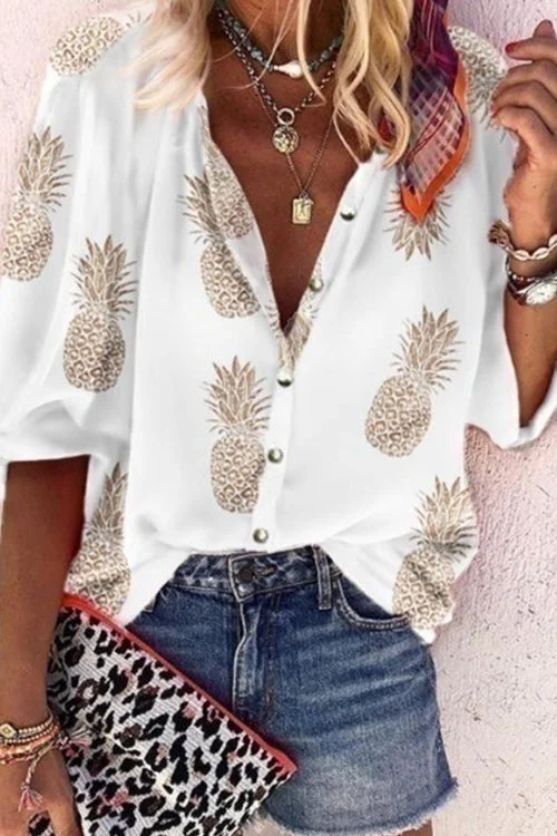 Buttons V Neck Pineapple Printed Shirt