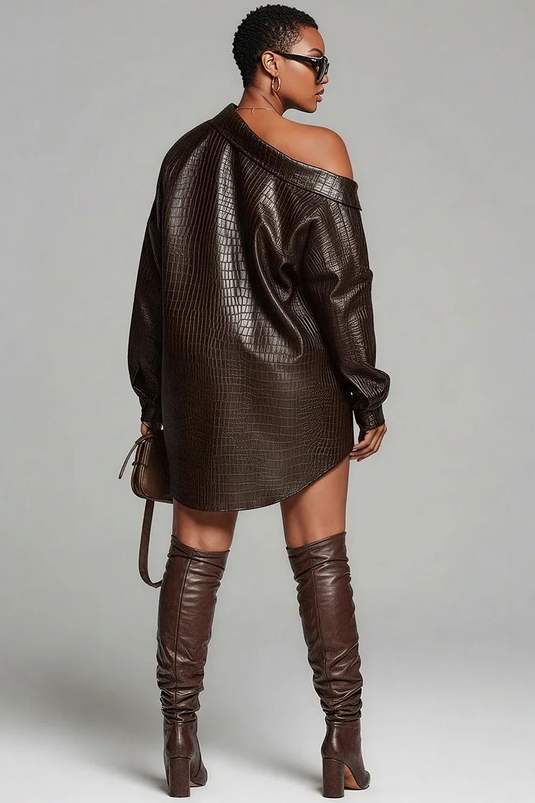 Xpluswear Design Plus Size Party Brown Oblique Collar Long Sleeve Crocodile Embossed Casual PU Leather Mini Dresses