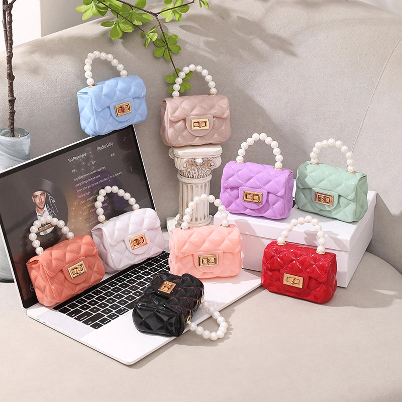 Women's PVC Solid Color Cute Beading Pearls Square Lock Clasp Crossbody Bag