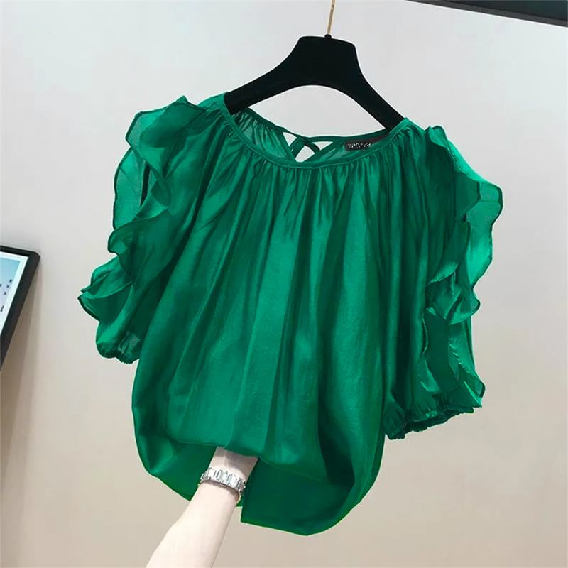 ZANZEA Women Cold Shoulder Blouses Ruffled Half Sleeve Tops 2024 Back Straps Pleated Tunics Summer Casual Loose Shirts