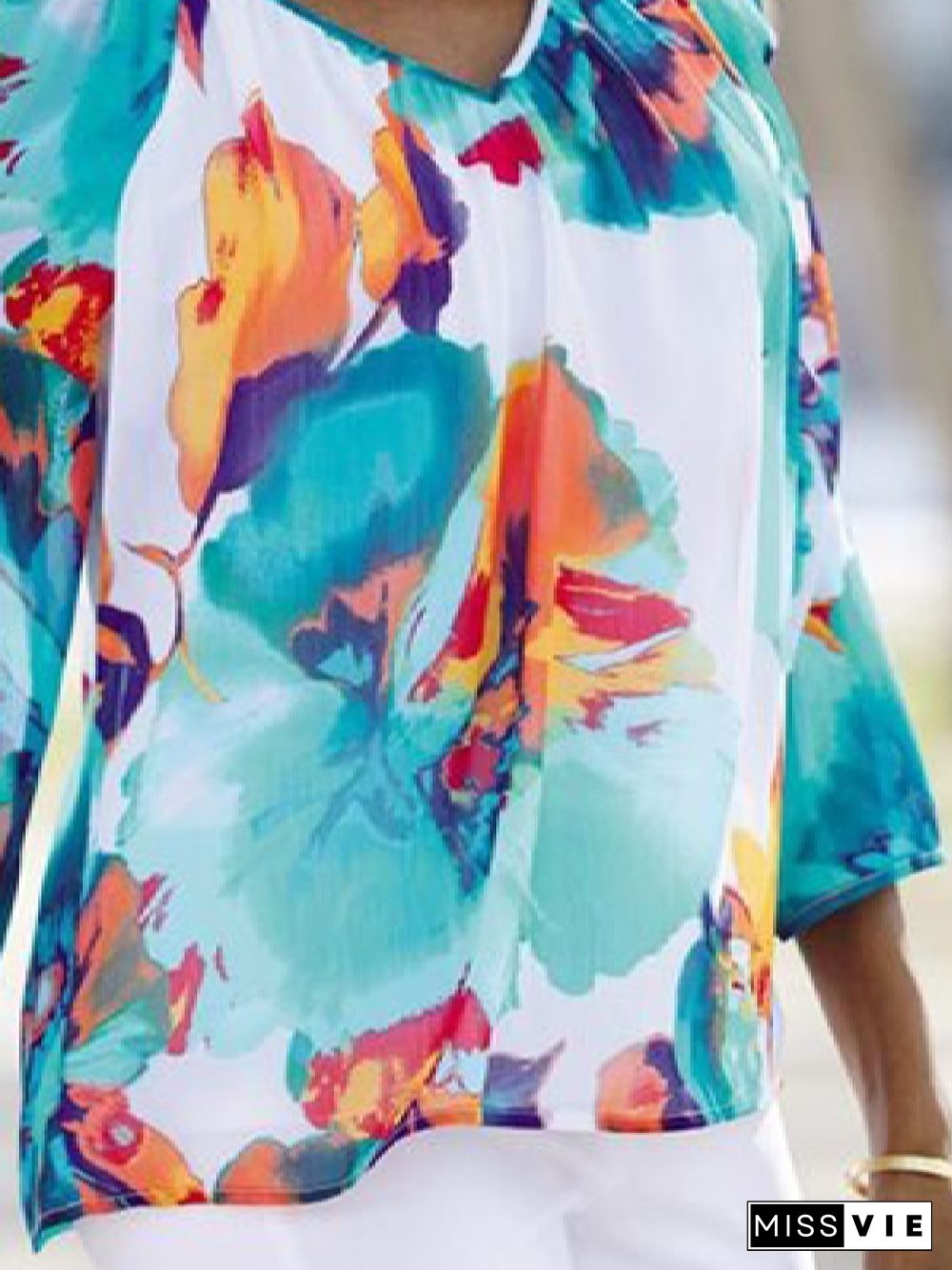 Casual Floral Autumn Polyester No Elasticity Loose Three Quarter Regular A-Line Tops for Women