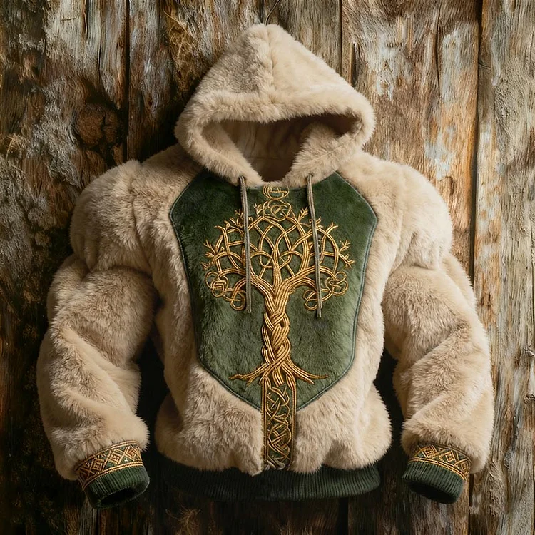 Men's Celtic Tree Of Life Color-blocking Design Plush Warm Hoodie