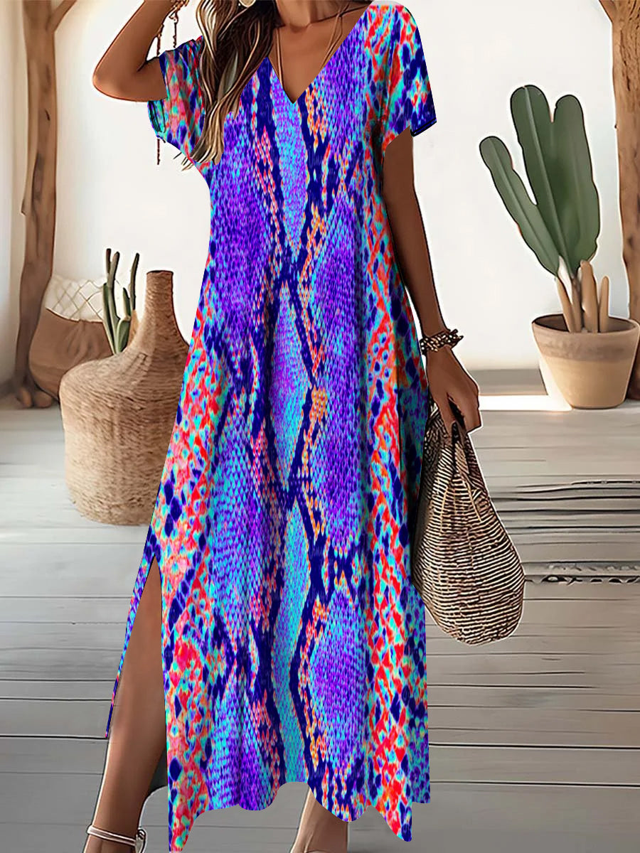 Women's V-Neck Neon Snakeskin Pattern Dress