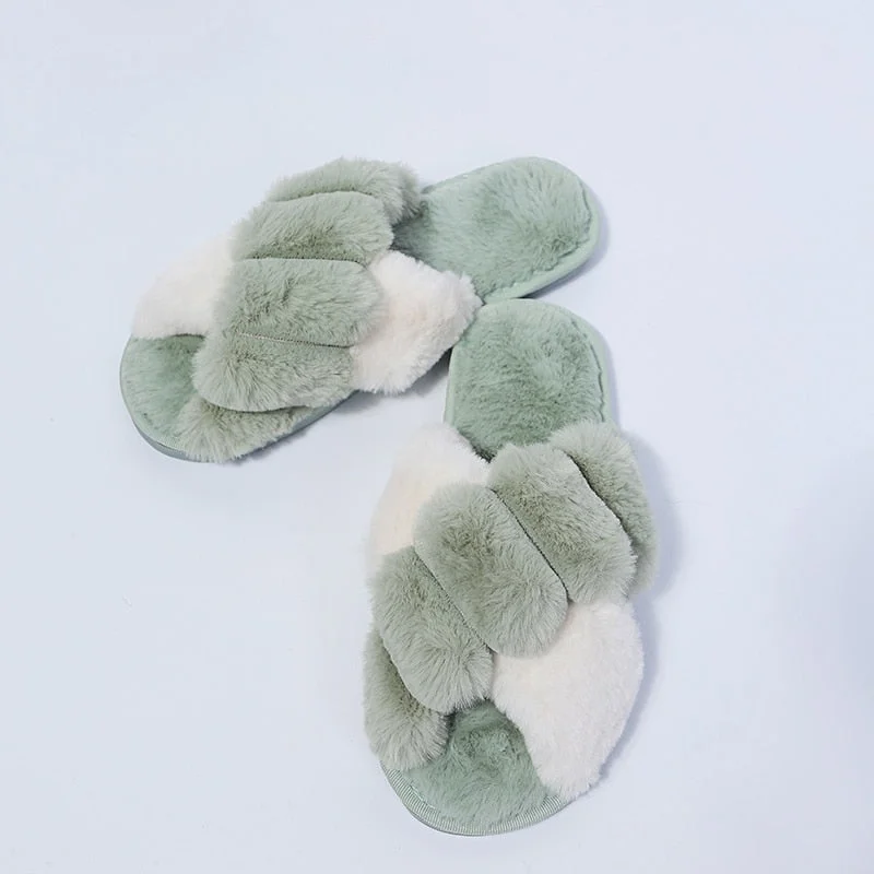 Winter Women Faux Fur Slippers Warm Fluffy Furry Cross Strap Home Indoor Shoes Footwear Cozy House Non Slip Mix Color Whosale
