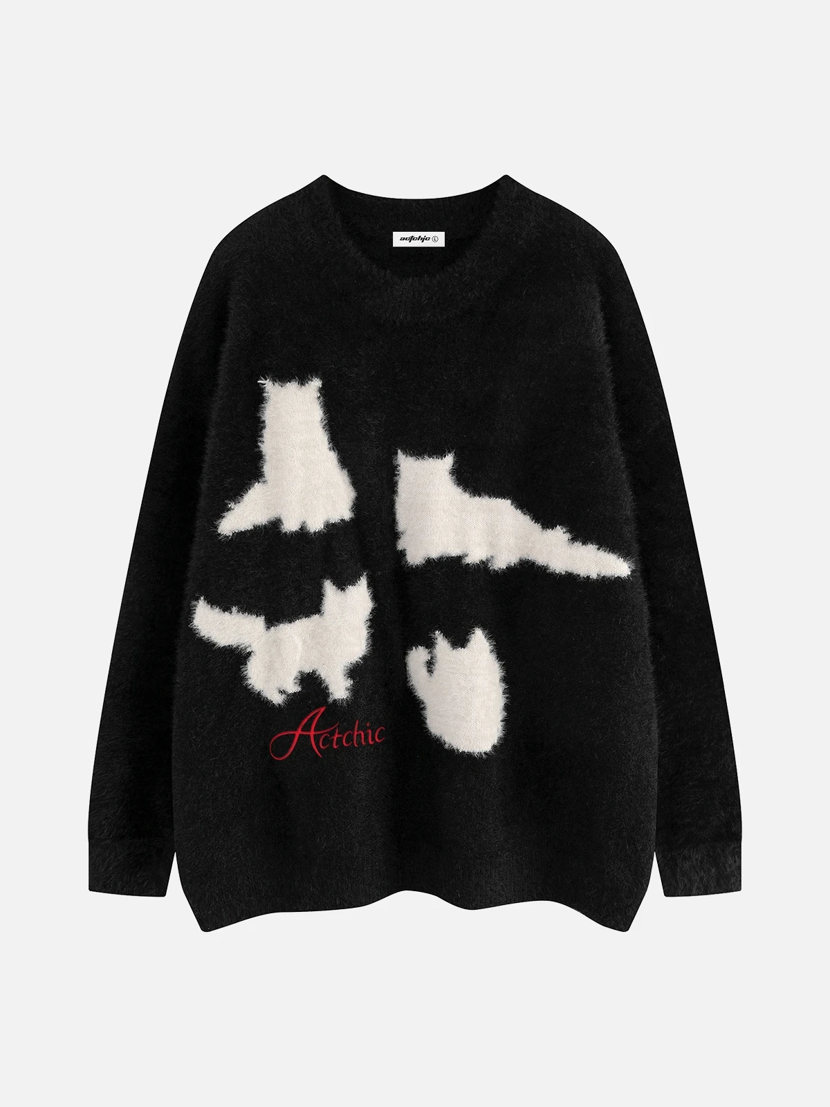 Black Act Chic Cute Cat Graphic Knit Sweater Front