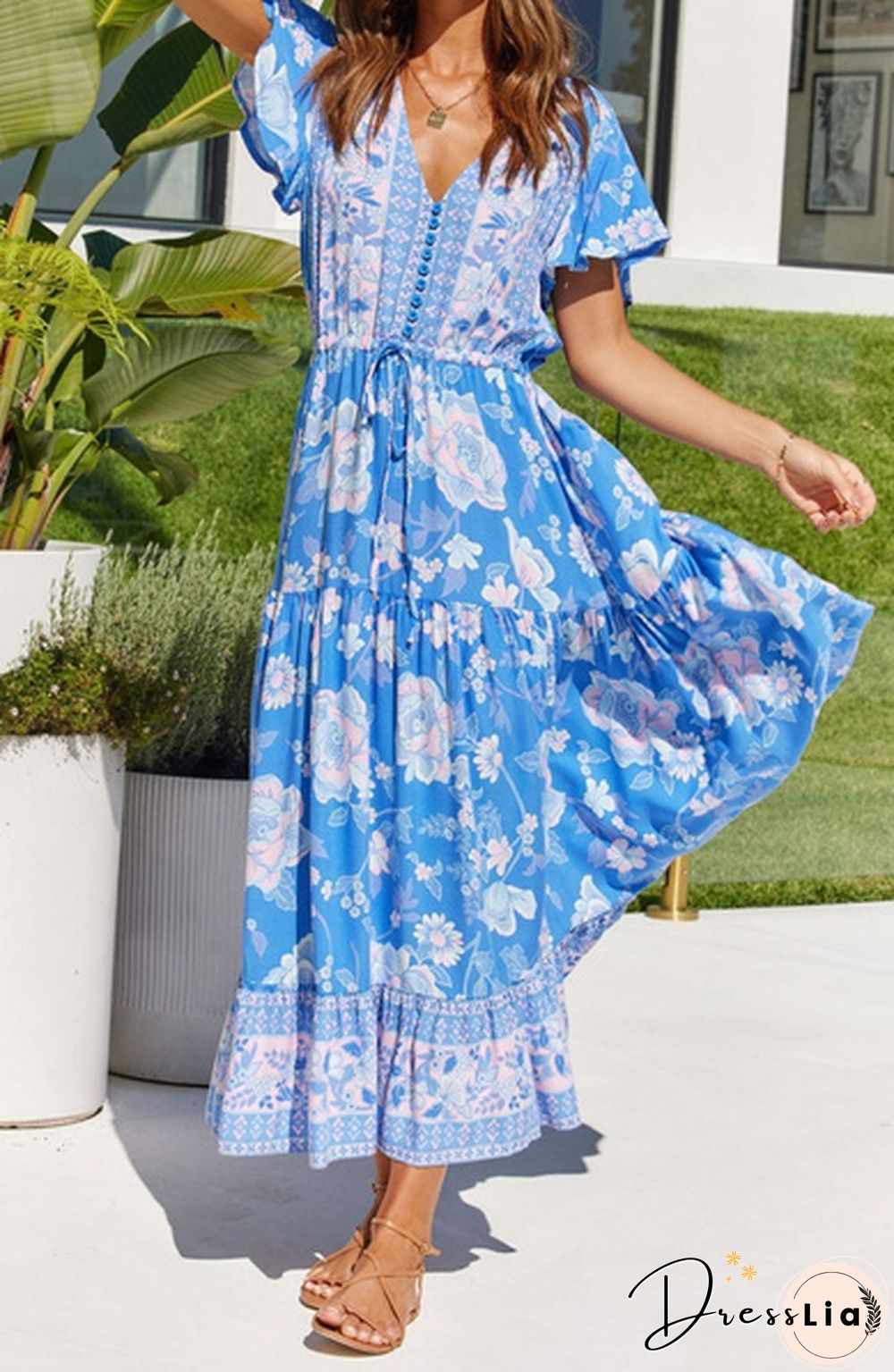 Women's Fashion Casual Flower Print Dresses Spring Summer Dresses Short Sleeve Dress Long Dress Plus Size Dress