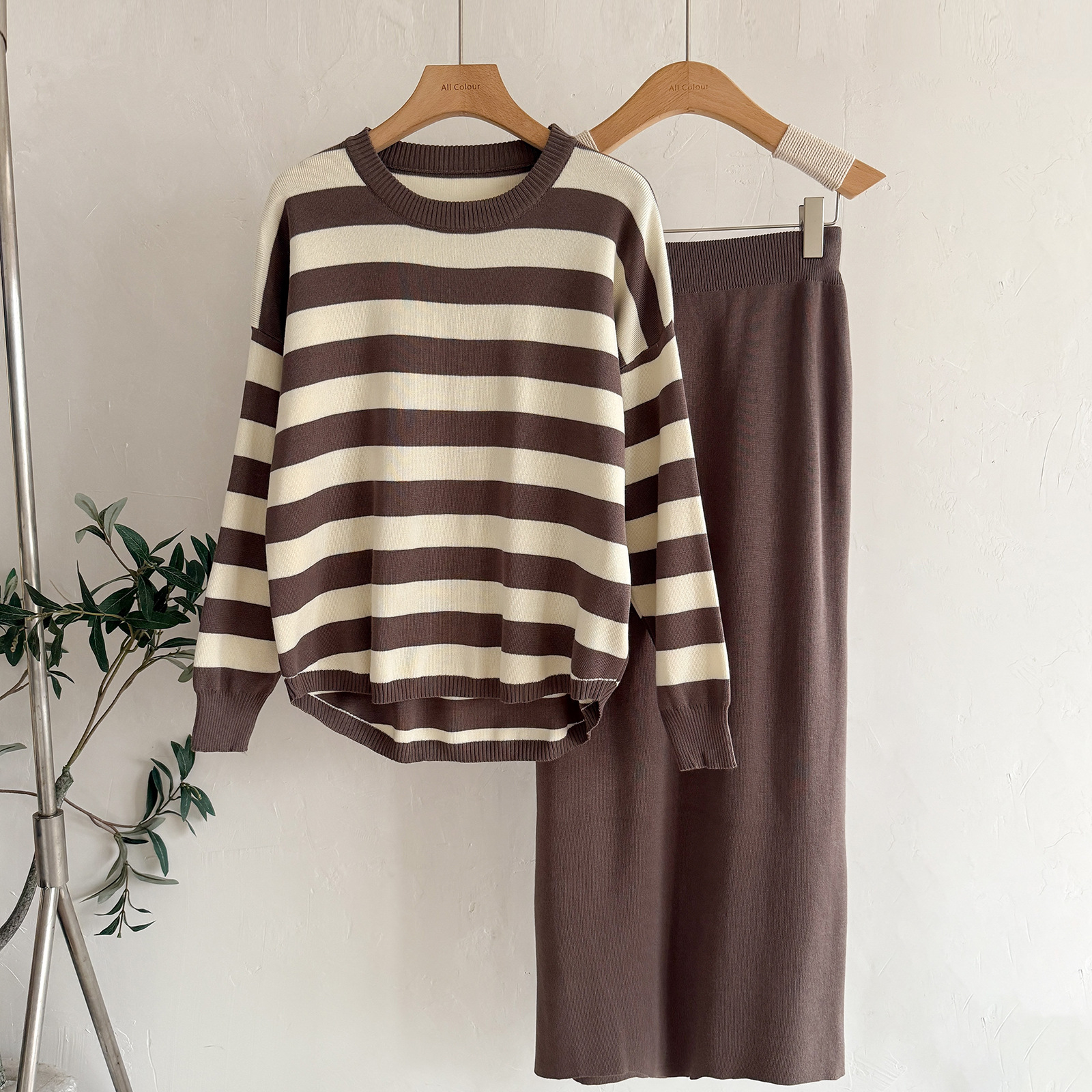 Women's Striped Sweater & Cream Midi Skirt Two Piece Set | IFYHOME