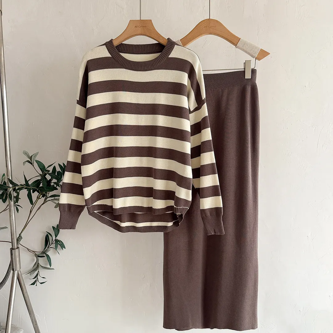 Women's Striped Sweater & Cream Midi Skirt Two Piece Set | IFYHOME