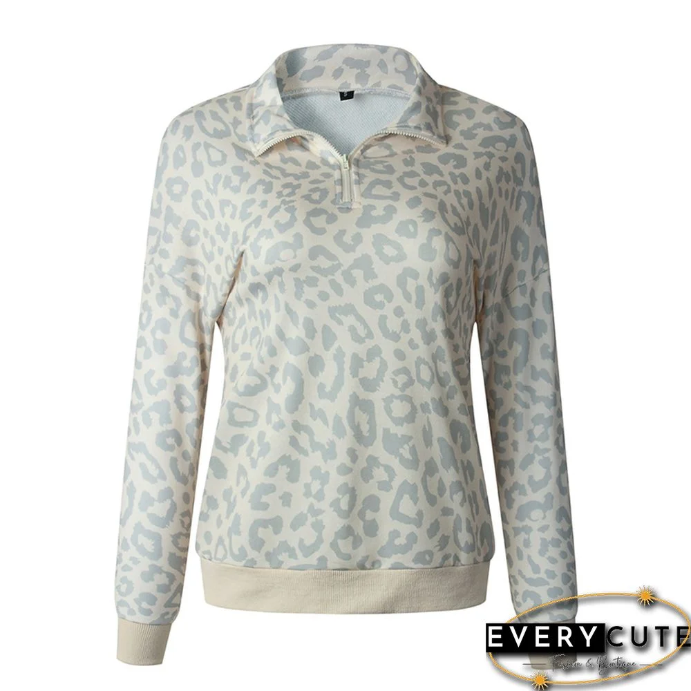 Apricot Zip Neck Leopard Print Pullover Sweatshirt