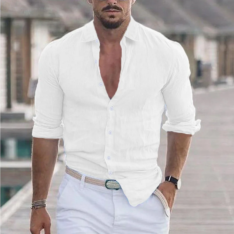 Uveng Uveng New Men's Summer Cotton-Blind Beach Shirt Long Sleeves Solid Hawaiian Holiday Clothing