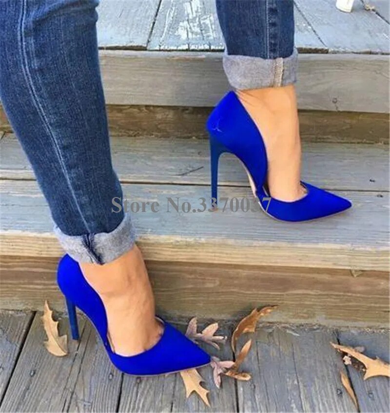 VCSHOES Women Classical Style Pointed Toe Suede Leather Stiletto Heel Pumps 12cm Blue Cut-out High Heels Formal Dress Shoes Wedding Shoe