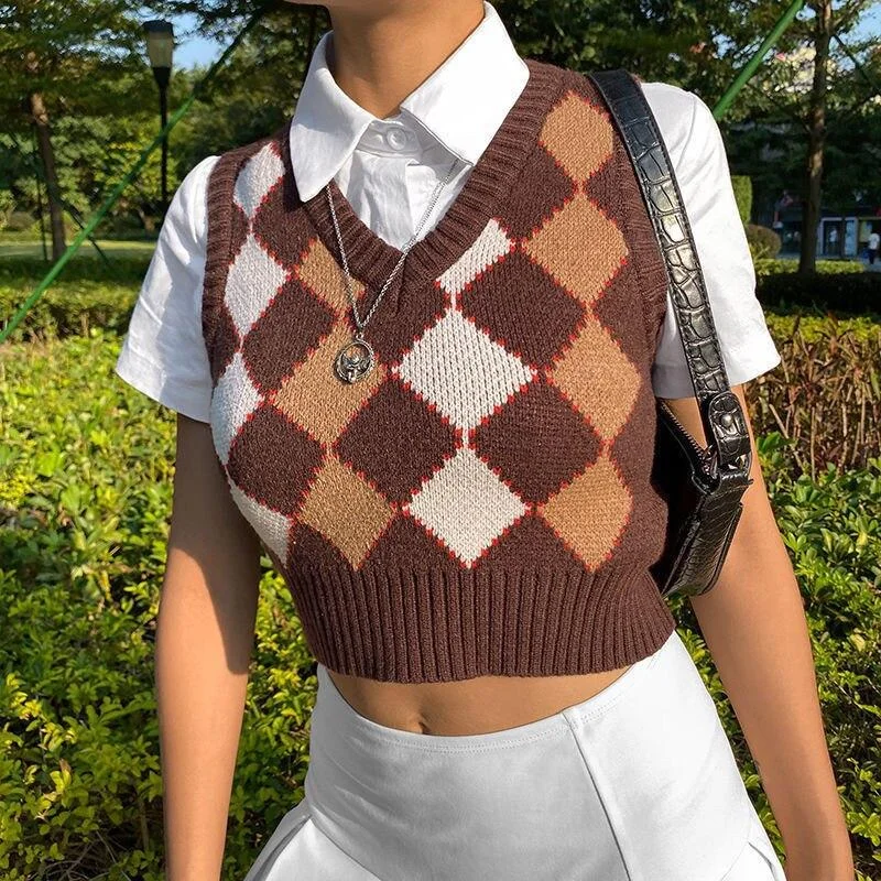 New Spring Knitted Jumper Crop Argyle Sweater Vest England Plaid Pullover Sweater Vest Jumper Top 90's Aesthetic Clothing
