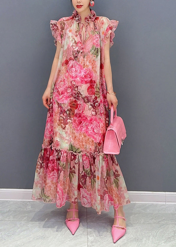 VCSHOES Pink Ruffled Print Chiffon Dress Two Pieces Set Summer