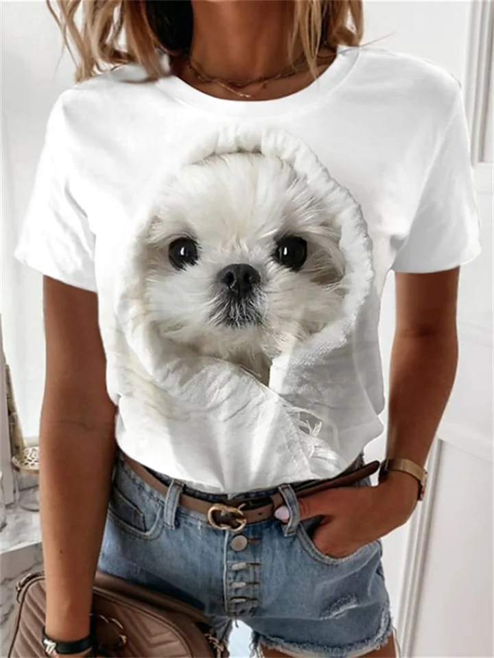 White Women's Round Neck Top Pattern Dog 3D Print Women's Short-sleeved T-shirt