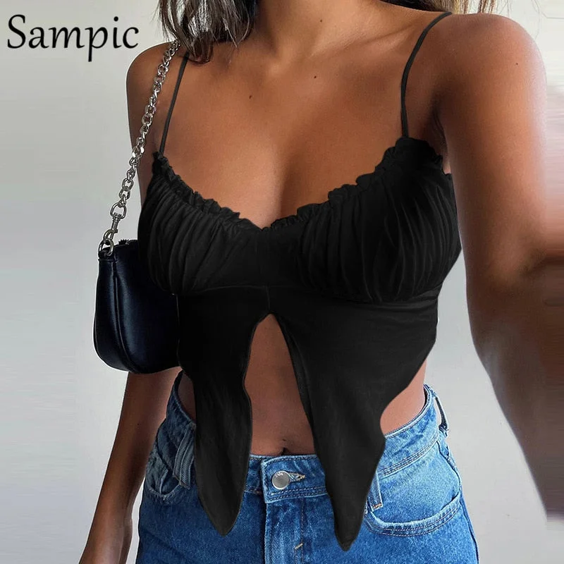 Sampic Korean Style Summer 2021 Women E Girl Sexy Black Ruched Ruffles Lace Up Tank Top Fashion Club Slim Bustier Crop Tops
