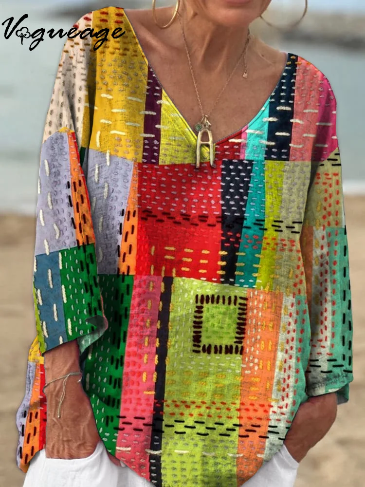 Bright And Elegant Color Block Stitching 3/4 Sleeves Printed Cotton And Linen Shirt
