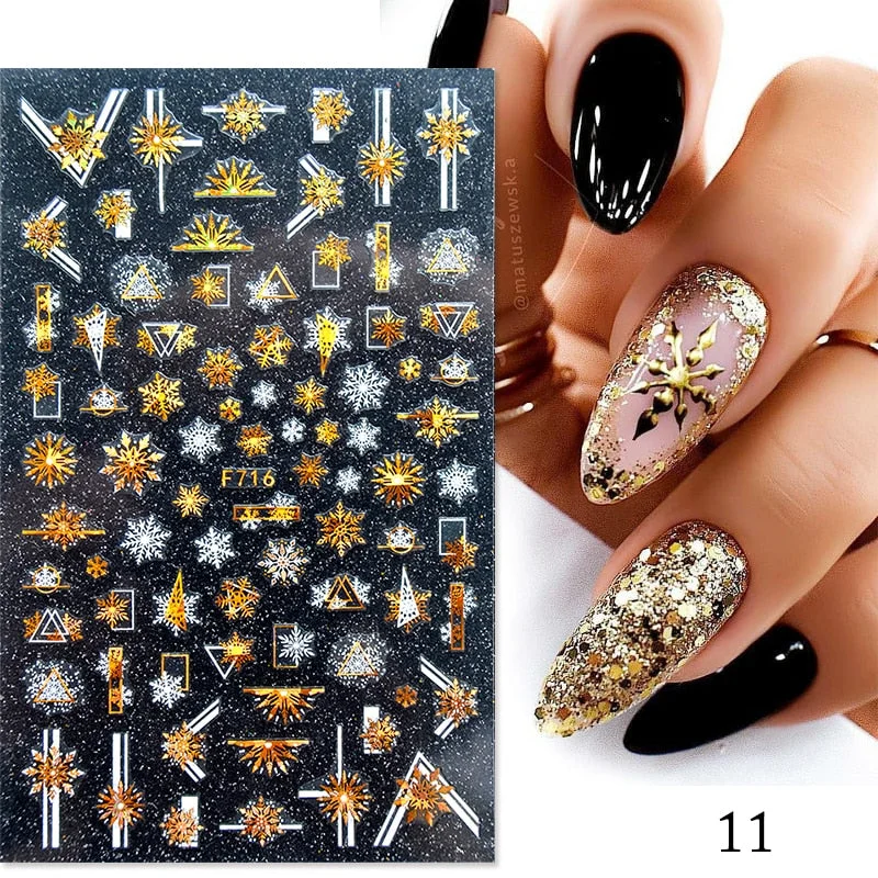 Gold White Bronzing Christmas Nail Sticker 3D Snowflakes Leaf Geometry Lines Letter For Manicure Sliders Decoration Accessories