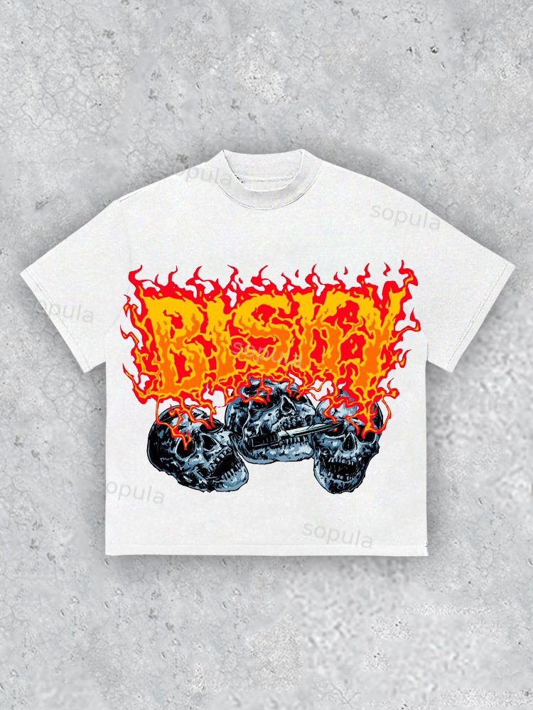 Skeleton Flame White Round Neck T-shirt - SOPULA
