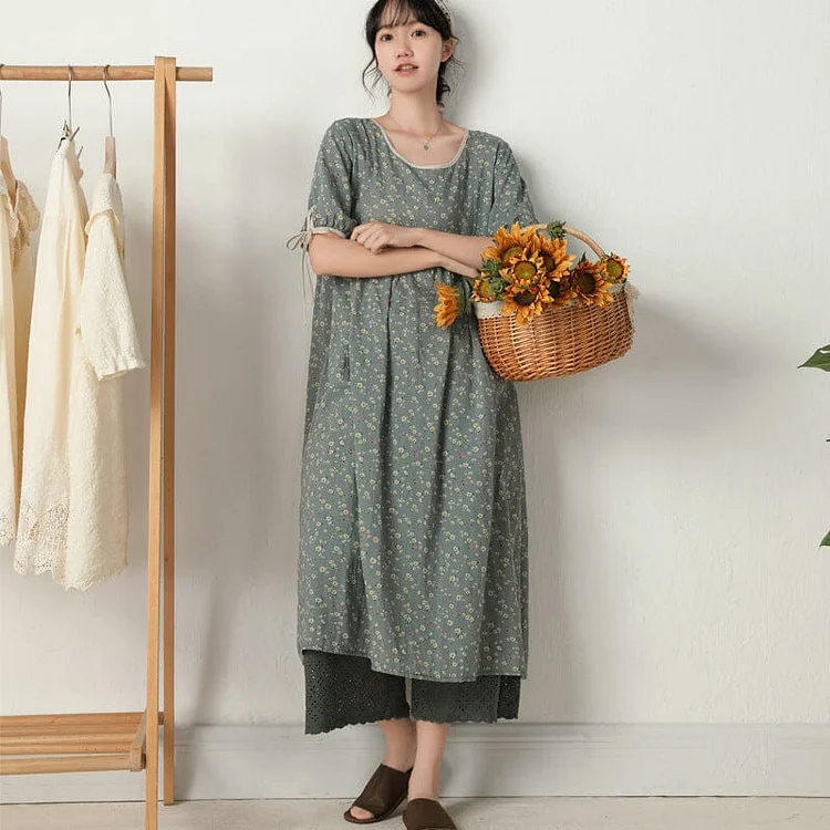 Spring Summer Floral Loose Cotton Linen Dress