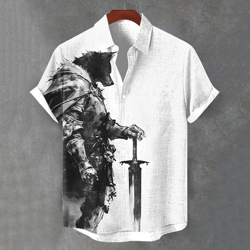 Men's Vintage Art Werewolf Knight Print Casual Shirt  artssus