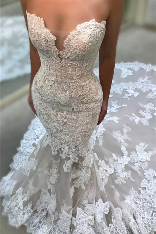 Luxurious V-Neck Backless Long Mermaid Lace Appliques Wedding Dress Strapless - lulusllly