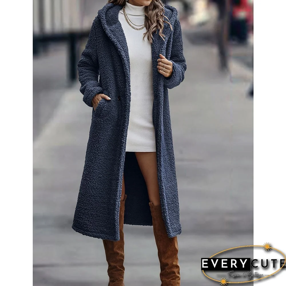 Navy Blue Open Front Long Sleeve Hooded Fleece Coat