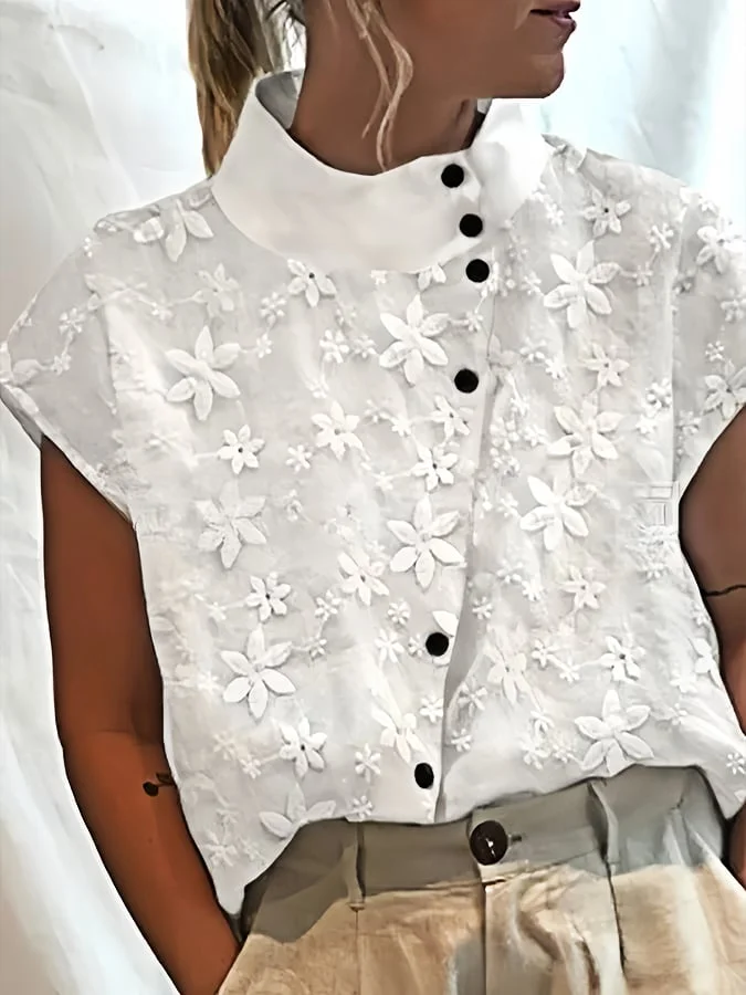 Summer Women's Cotton&Linen Embroidered Short-Sleeved Shirt 