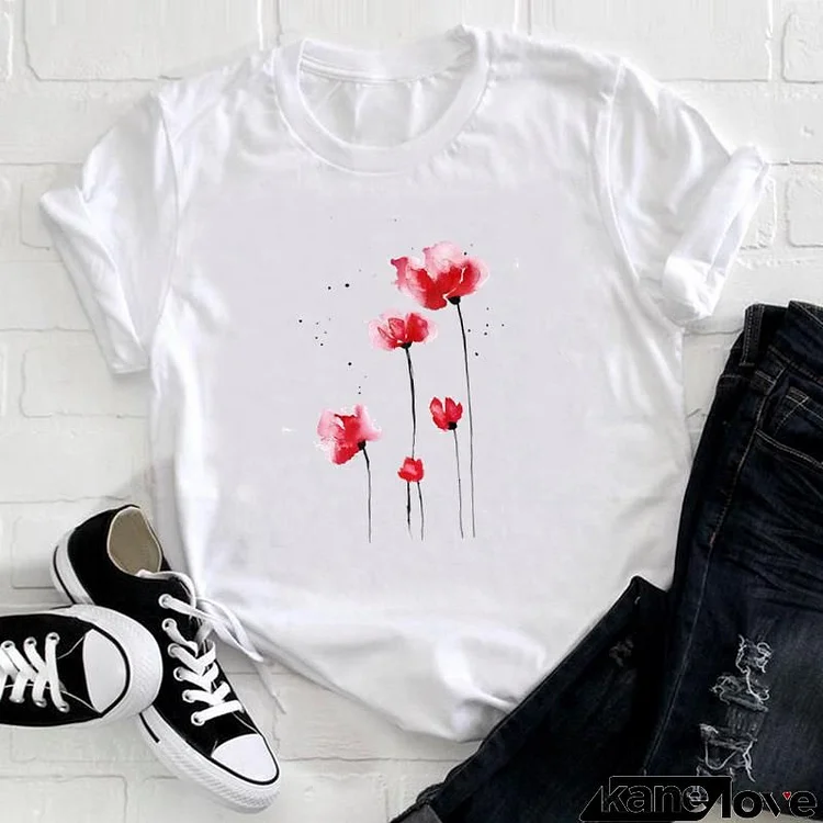 Women Fashion Casual Flower Print Round Neck Short Sleeve T-Shirt