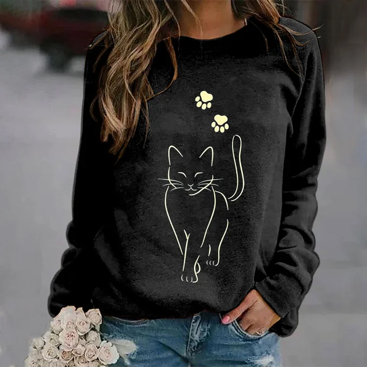 Vefave Casual Cat Print Long Sleeve Sweatshirt