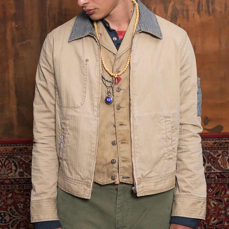 Vintage Stripe Panel Beige Casual Jacket