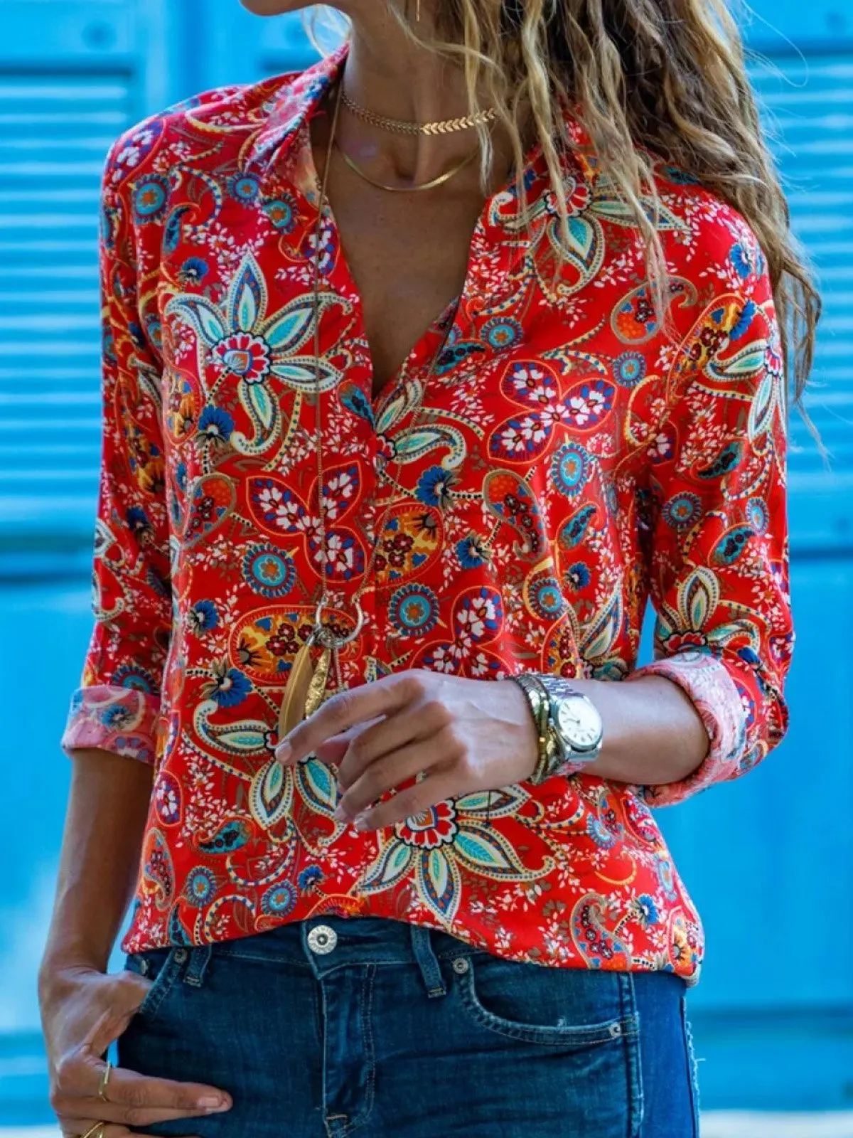 Floral Printed Casual Shirt Collar Blouse