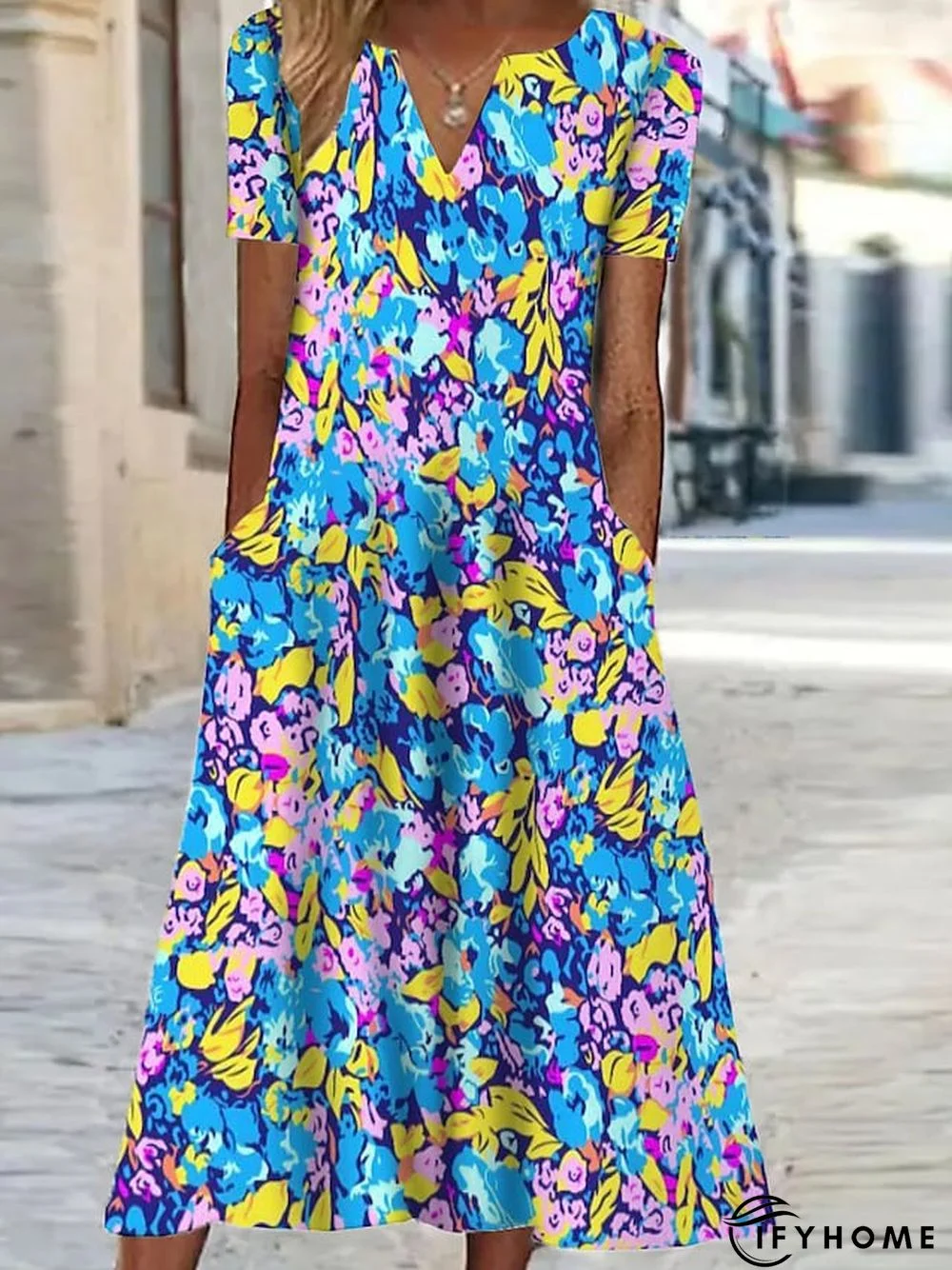 Women's Casual Dress Shift Dress Print Dress Floral Pocket Print V Neck Midi Dress Active Fashion Outdoor Vacation Short Sleeve Regular Fit Black Yellow Blue Spring Summer S M L XL XXL | IFYHOME