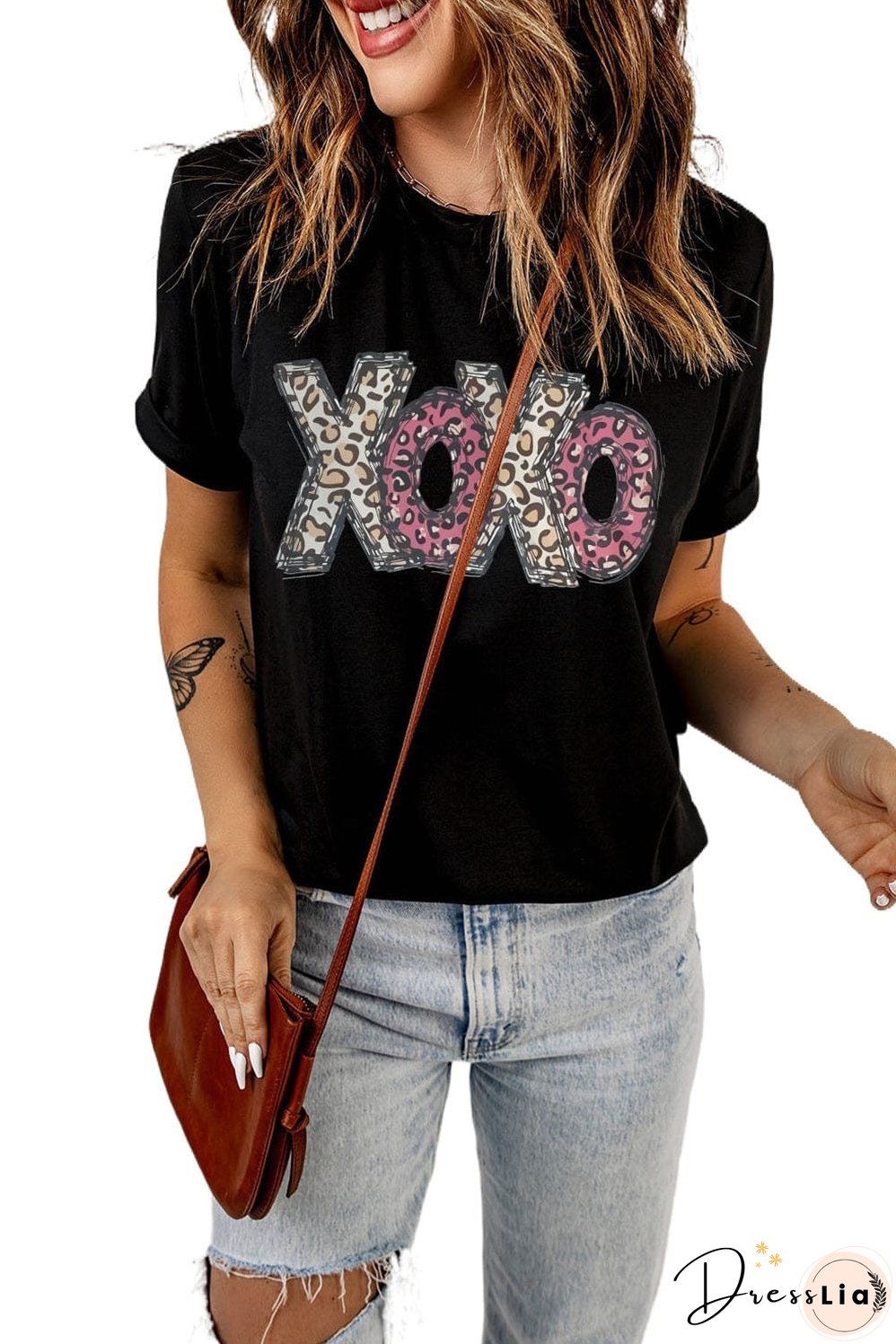 Black and Leopard Print XOXO T-Shirt, Casual Wear