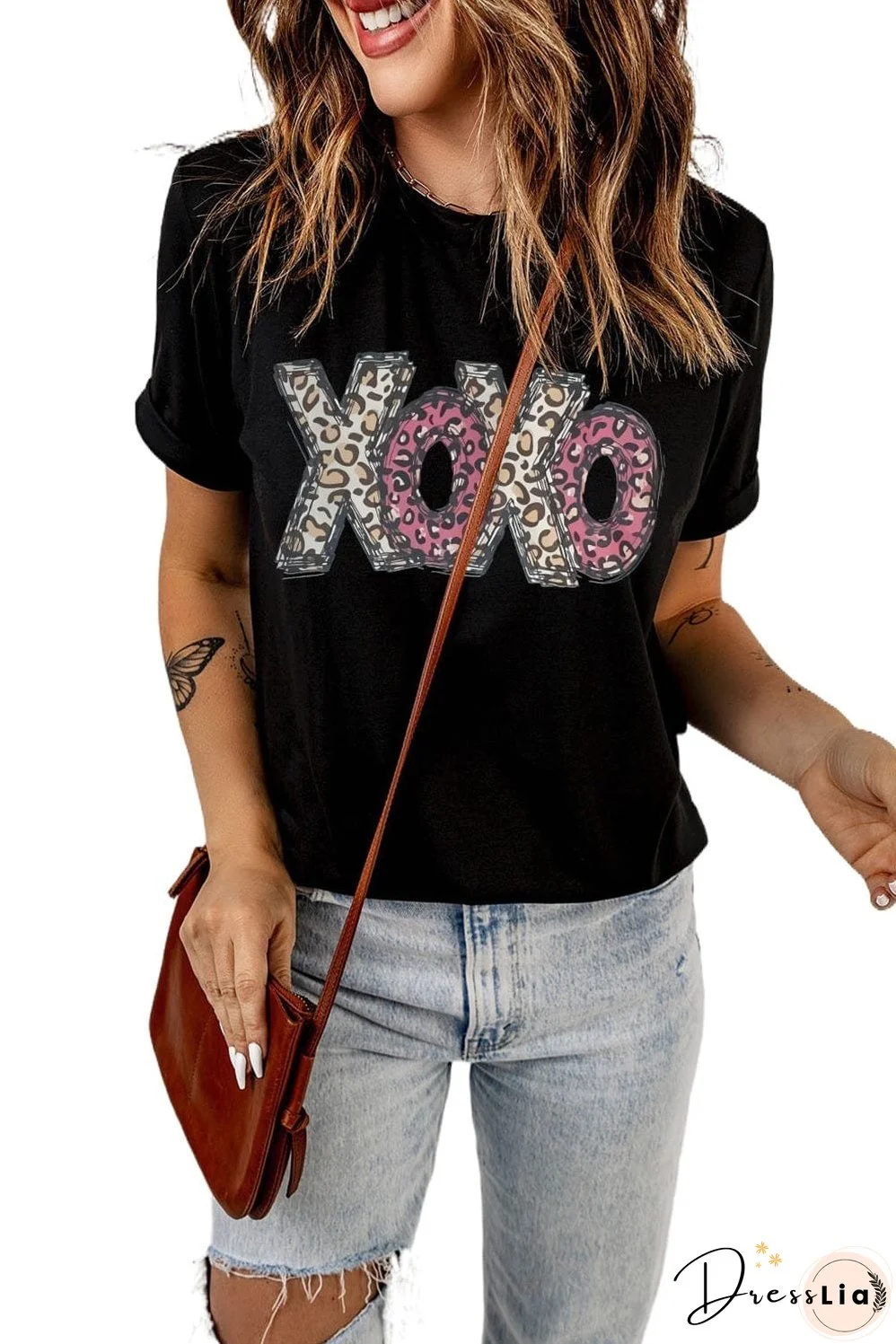 Black and Leopard Print XOXO T-Shirt, Casual Wear